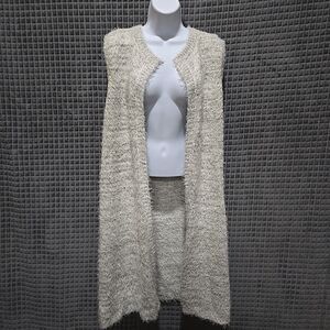 Long Sleeveless Duster Sweater Vest Cardigan SzLg Soft Cozy Fuzzy White Gold Lux